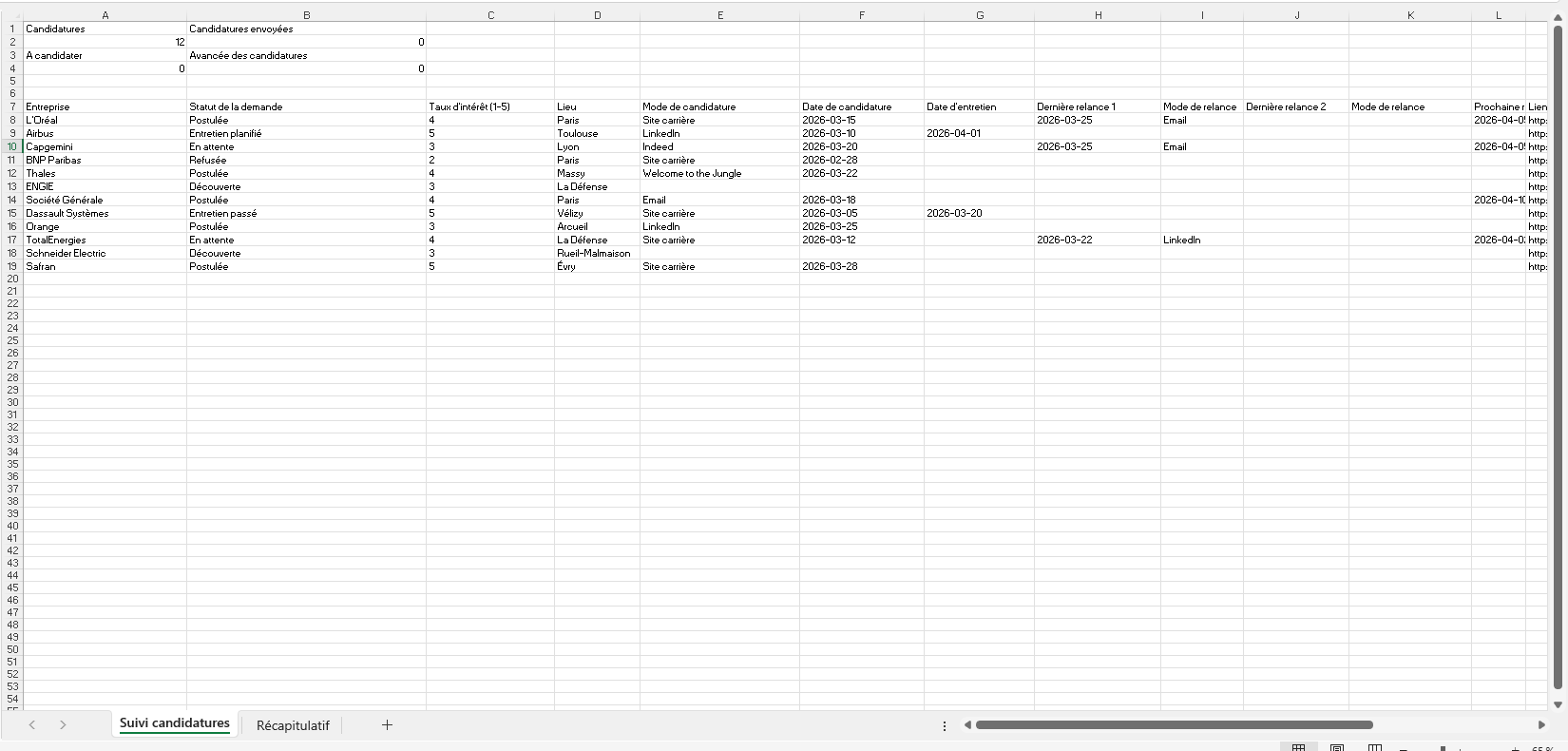 Tableau de suivi de candidatures dans Excel