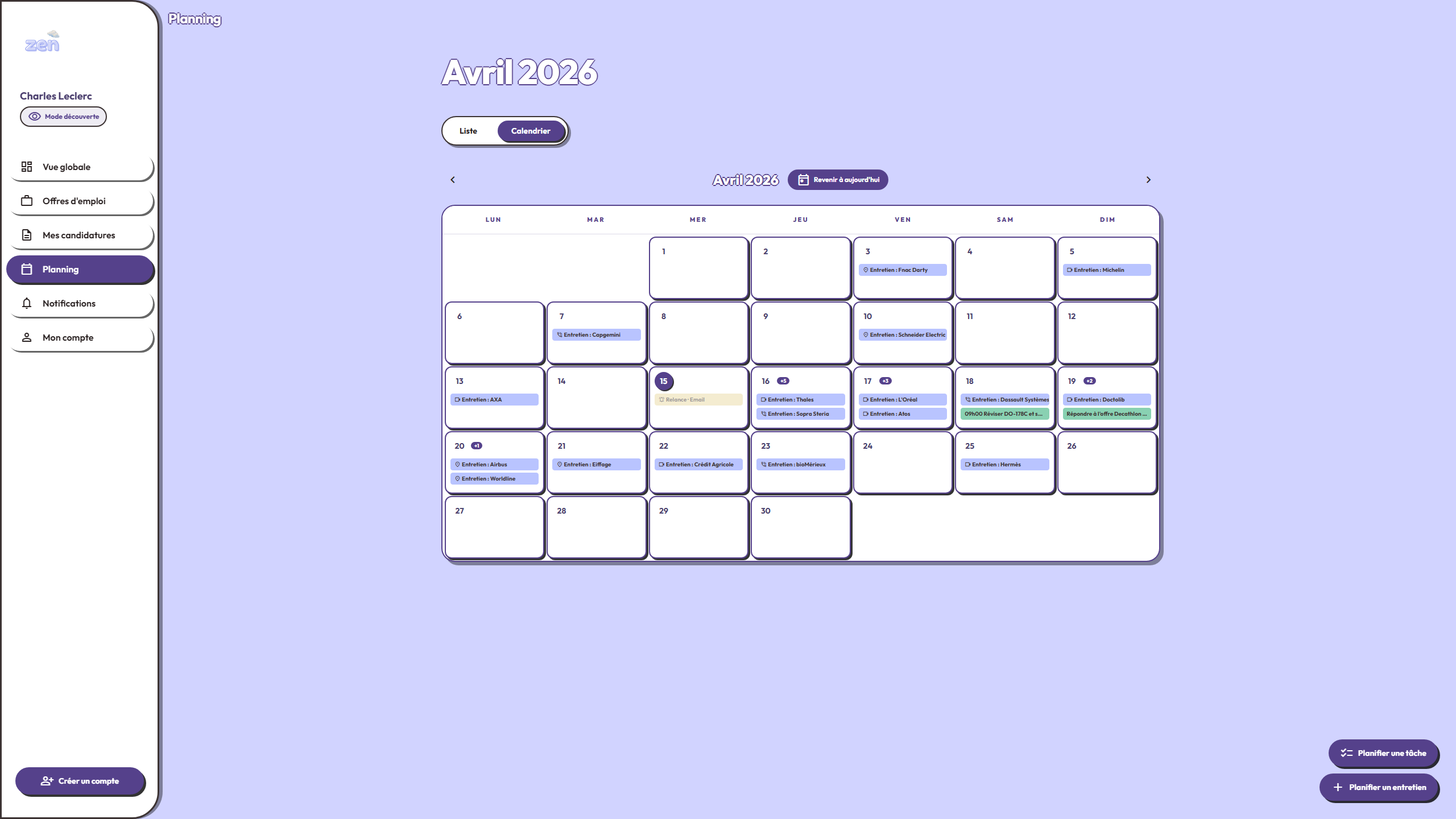 Vue calendrier mensuelle des entretiens