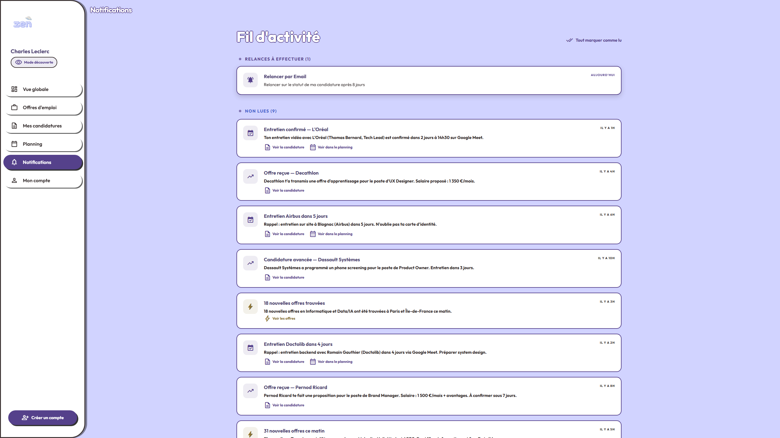 Page notifications et relances