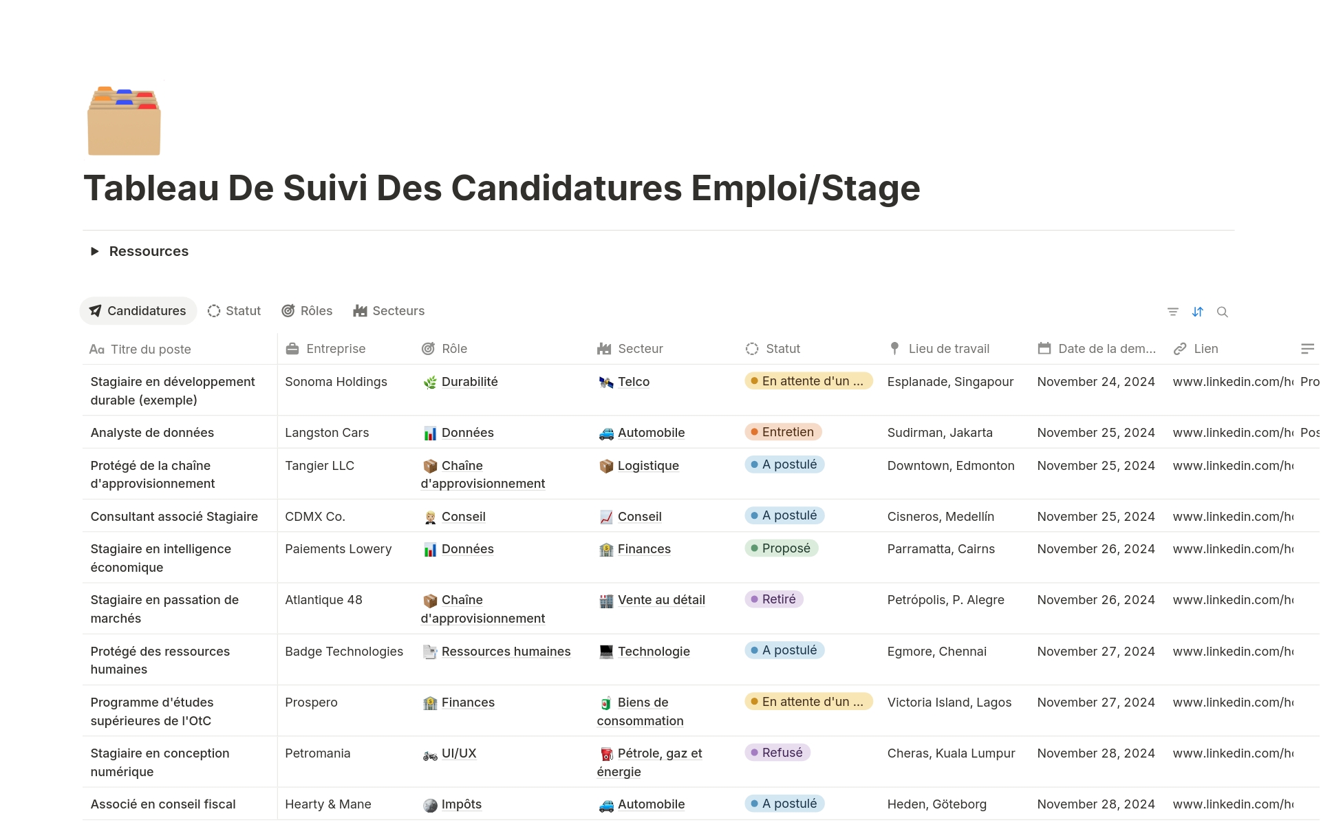 Suivi de candidatures dans Notion
